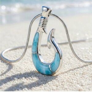 Marahlago Sterling Silver and Larimar Fish Hook Pendant Necklace